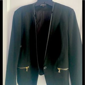 Like new blazer.  Black with gold details and leather like trim blazer.